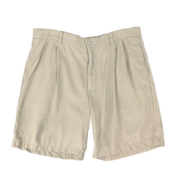 Tommy Bahama Silk Shorts Mens 36 Parchment Pleated Front Mid Rise Golf Chino - Picture 1 of 10